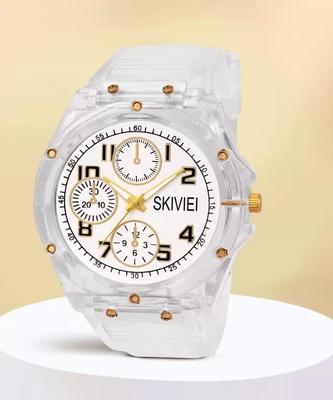 Transparent Analog Watch for Boys with LED Display and Gold Accents