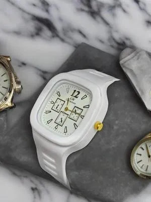 White Square Analog Watch with Gold Accents for Men