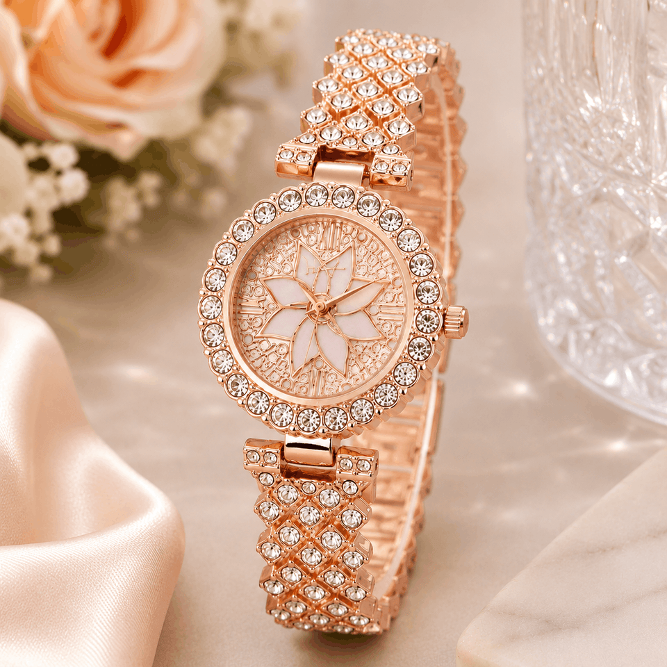 Luxury Floral Crystal Quartz Wrist Watch for Women – Golden